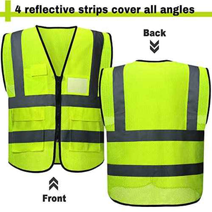 JaGely 12 Pack Reflective Safety Vests with Pockets, High Visibility Mesh Construction Vest for Men Women, Neon Yellow, Size L