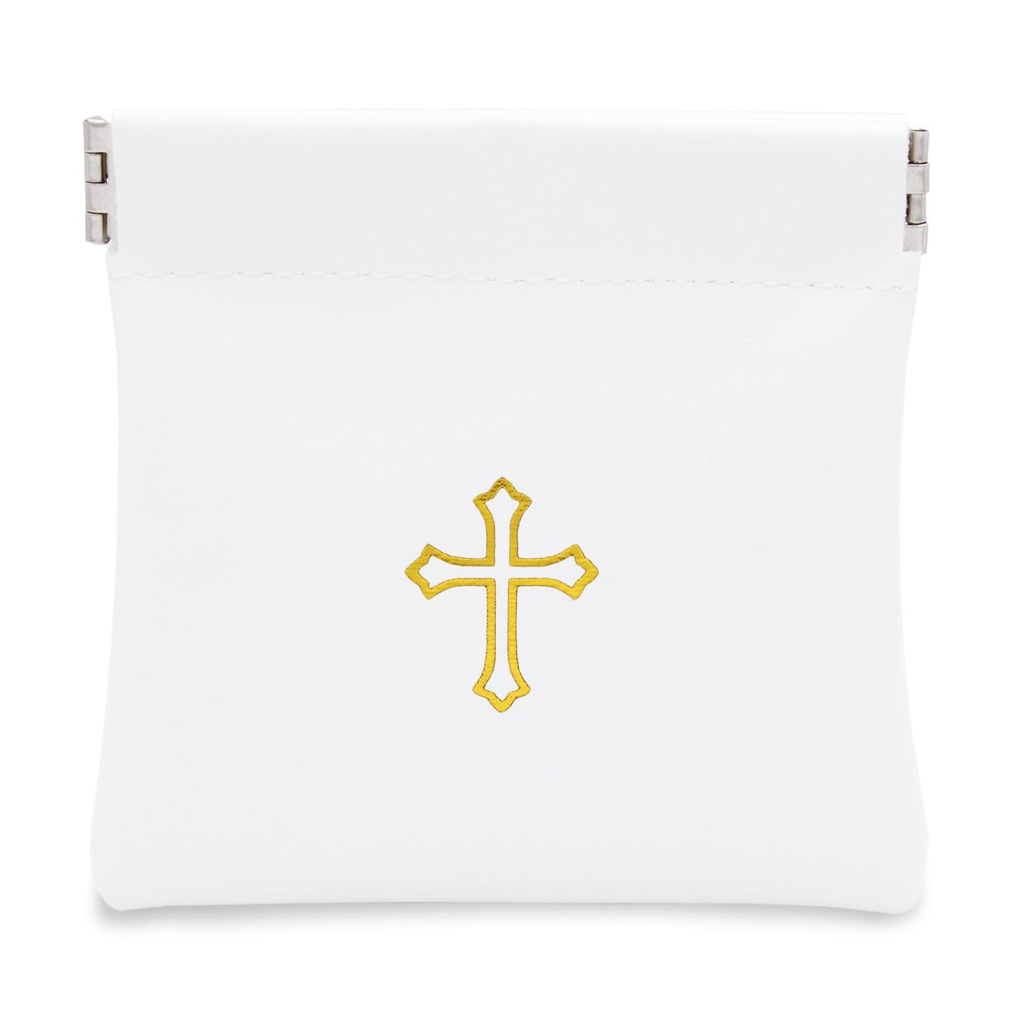 Squeeze-Top Faux Leather Rosary Pouch - Compact White Case for Rosary Beads with Cross Imprint - Keeps Prayer Beads Protected for Travel - Fits Easily in Purse, Pocket, Car, Retreats & Church Use