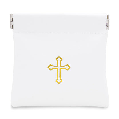 Squeeze-Top Faux Leather Rosary Pouch - Compact White Case for Rosary Beads with Cross Imprint - Keeps Prayer Beads Protected for Travel - Fits Easily in Purse, Pocket, Car, Retreats & Church Use