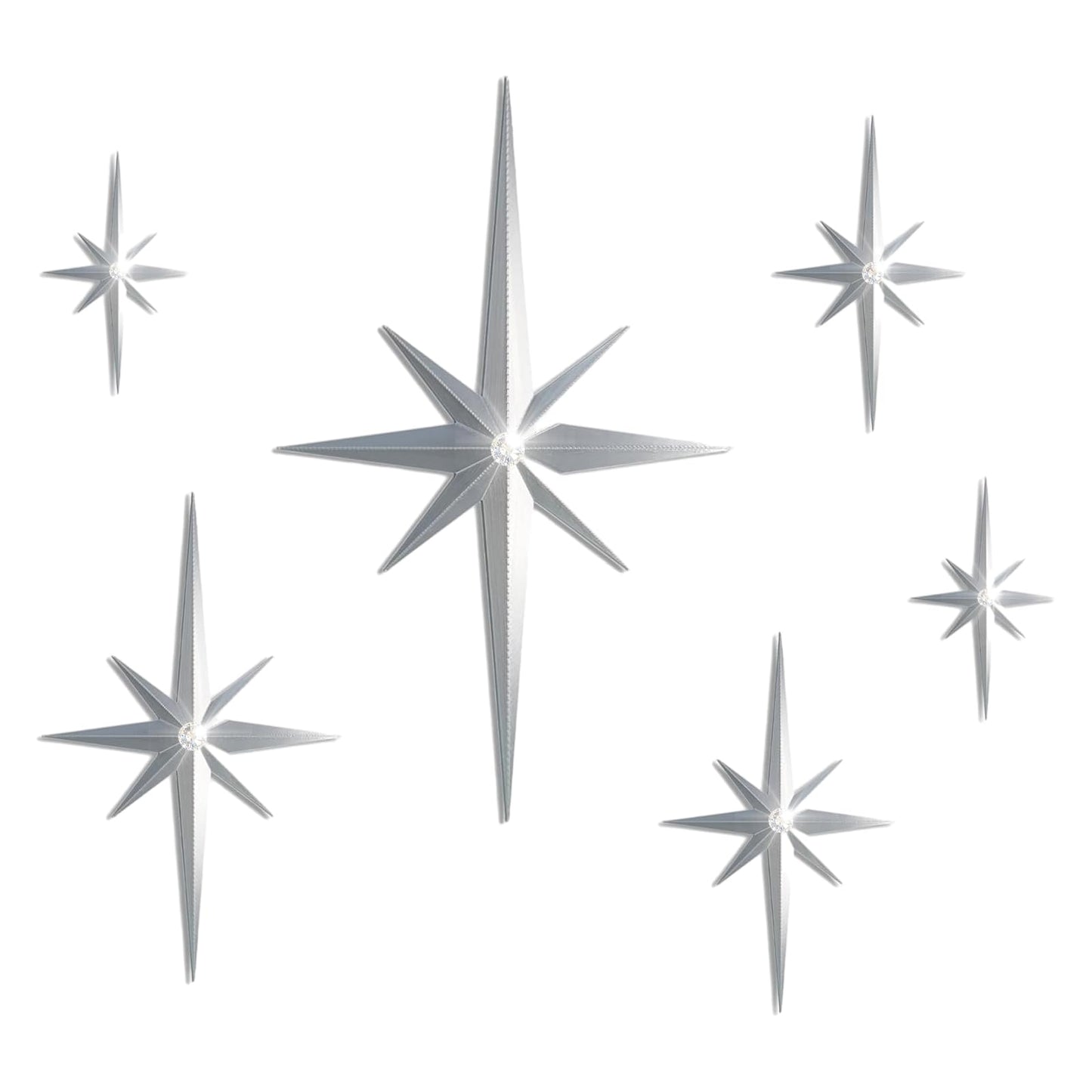 BreezeHug 6 Pcs Mid Century Modern Home Decor Star Art Wall Sculpture with Rhinestone Retro 3D Plastic Star Art Wall Sculpture Bling Diamonds Decor for Home Office Bedroom Entryway(Silver)