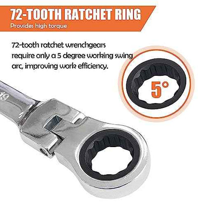 8 Piece Flex-Head Ratcheting Combination Wrench Set, 8-19mm Metric Chrome Vanadium Steel Spanner, Gear Ring Ratchet Wrenches with Rolling Pouch