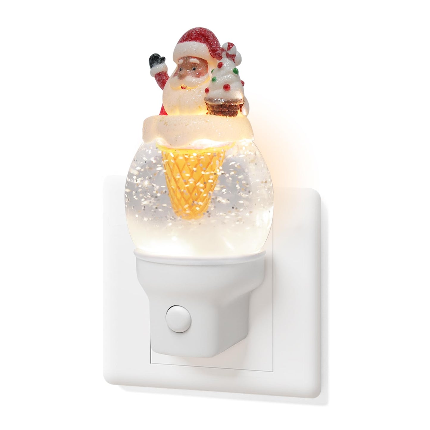 Christmas Santa Night Light Plug into Wall Glitter Water Nightlight with USB/Outlet Options, Christmas Decorative Nightlight for Bedroom Kitchen Nursery Holiday Decorations Gifts (Santa Ice Cream)