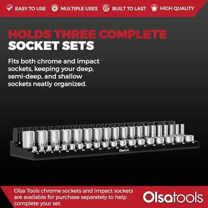 Olsa Tools Magnetic Socket Organizer (3/8-Inch Drive, 3 Row) - Magnetic Tool Organizer & Socket Holder - Tool Box Socket Organizers - Metric Black - Holds 54 Sockets - Professional Grade - Part: 1553