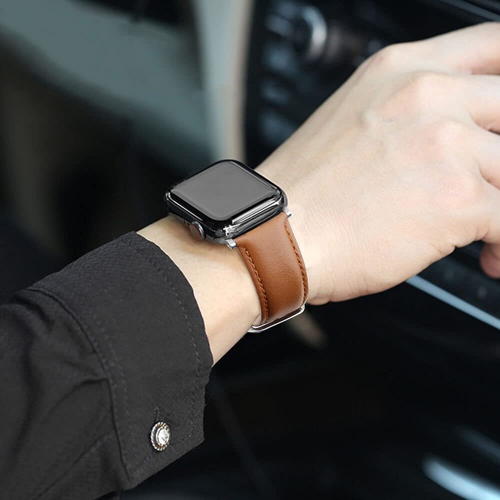 Leather Bands Compatible with Apple Watch Band 38mm 40mm 42mm 44mm for Men Women, Top Grain Genuine Leather Replacement Strap for iWatch Ultra2 Ultra SE2 SE Series 10 9 8 7 6 5 4 3 2 1(Brown, 38mm/40mm)