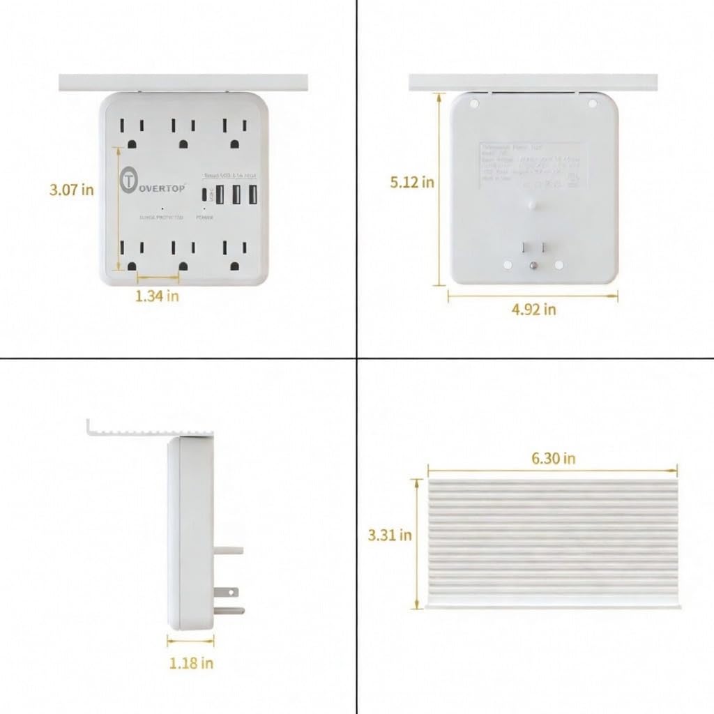Overtop Power Charger with Shelf, Wall Outlet Extender Surge Protector with 6 AC Outlets, 4 USB Ports(1 USB C) Plug Expander Charger Shelf with Storage for Home, Dorm
