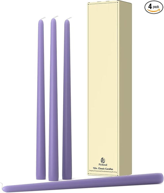 12-Inch Tall Dripless Taper Candles Set of 4 - Lavender Purple Tapered Candles, Perfect for Wedding,Christmas - Smokeless, Unscented, Long Burning - Hand Poured, Colored Tall Candlesticks