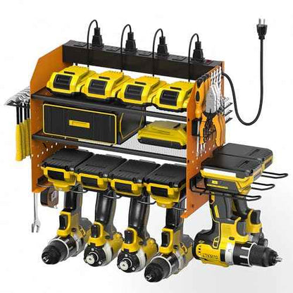 Power Tool Organizer Wall Mount, Modular Tool Storage with Charging Station, Garage 4 Drill Storage Shelf with Hooks, Hammer/Plier Holder, 8 Outlet Power Strip, Heavy Duty Rack for Workshop