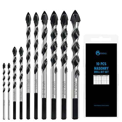 10pcs Masonry Drill Bits Set, 1/8 to 1/2" Concrete Drill Bit Set, Multi-Material Drill Bits for Brick, Tile, Cement, Ceramic, Glass, Plastic, Industrial Strength Carbide Tip with Storage Box