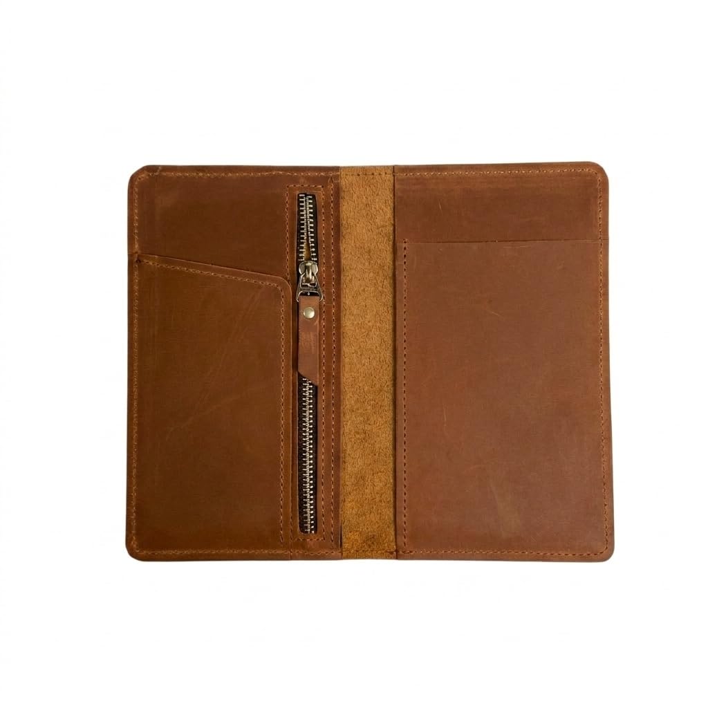TORAKIP Leather Checkbook Cover – Slim Genuine Leather Checkbook Holder with Zipper Pocket, Checkbook Wallet Organizer for Men & Women, 7" x 3.8", Warm Brown