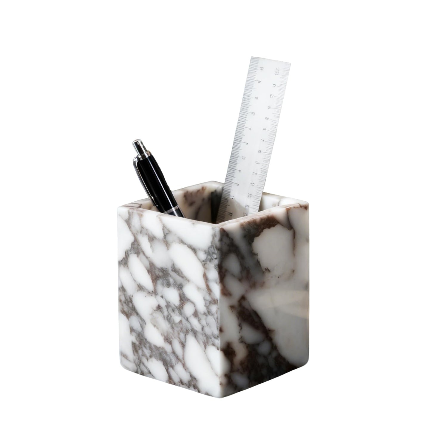 Artisanal Abode Marble Pen Holder, White Stone Rectangular Desktop Organizer, Office Study Makeup Brush Storage, Home Desk Decor, Minimalist Design, Durable Marble Accessory