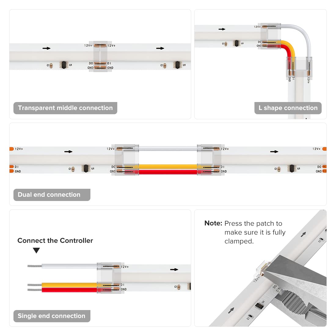 BTF-LIGHTING 3Pin 12mm Width Transparent Connector Kit, L-Shaped/Corner Connector Kit Only Support FCOB SPI WS2811 720LED/m RGB (+ DI GND) 3 Wires LED Strip