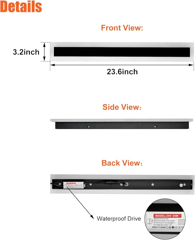 TooCust 2 Pack 23.6in Long Outdoor LED Wall Light, IP65 Waterproof, 24W Warm White 3000K, Narrow Strip Light, Long Wall Sconce for Garage, Wired Installation