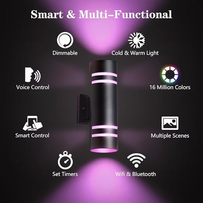 KIZON Smart Outdoor Wall Light, Modern RGBCW Sconce Color Changing, Dimmable Up and Down Lights Black Outdoor Light Fixture App Control with Remote Compatible with Alexa Google Assistant, ETL Listed