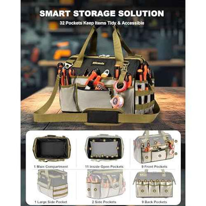 16.5-Inch Heavy Duty Tool Bags for Men, 32-Pocket Large Tool Organizer Storage, 1680D Oxford Tool Bag with Adjustable Shoulder Straps, Tool Storage Bag for HVAC, Electrician, Carpenter, Mechanic