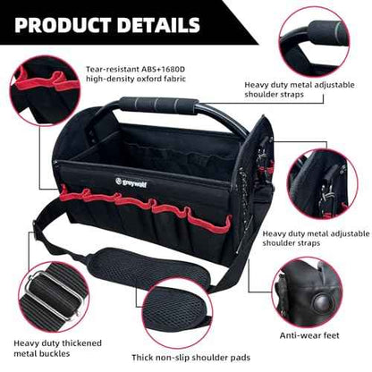 16 inch tool bag, foldable open top tool bag, 1680D waterproof and wear-resistant, 26 pockets to hold various tools, wide mouth electrician tool tote bag, steel handle and adjustable shoulder strap