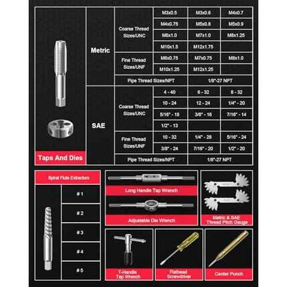 Kolvoii 81-Piece Tap and Die Set, SAE & Metric #4?1/2" & M3?M12, Heavy-Duty GCr15 Steel Rethreading Tool Kit with Coarse & Fine Threads for Cutting & Rethreading Internal and External Threads