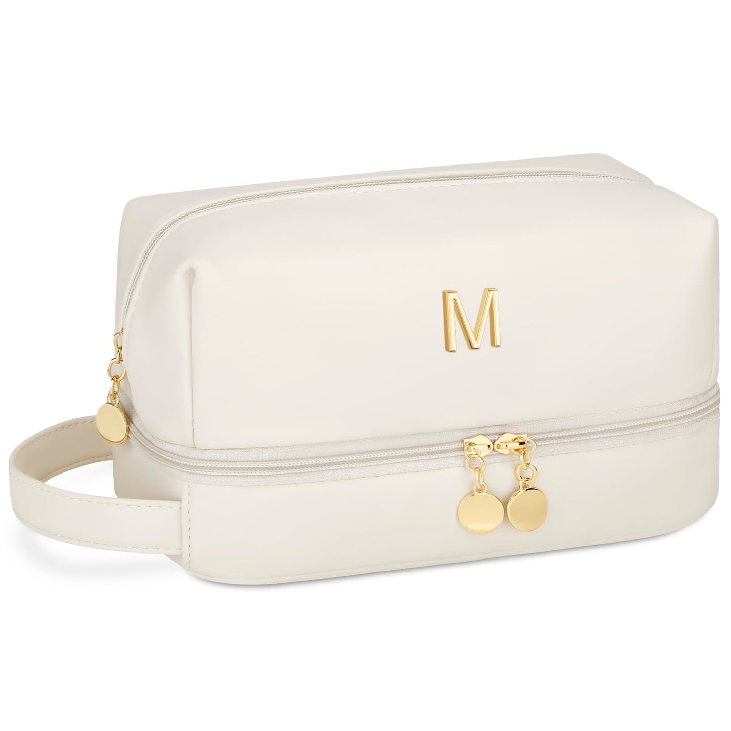 CLOUDWINGS Initial Makeup Bag for Women - Personalized Double Layer Cosmetic Bags with Makeup Brush Organizer, Hanging Travel Toiletry Bag with Large Capacity, Gifts for Mom Girlfriend Wife（Beige M）
