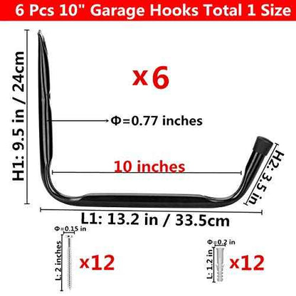 Heavy Duty Giant Garage Storage Hook Wall Mounted Utility Hanging Rack for Surfboard,Ladder,Kayak (6 Pcs Black 10" J Hook)