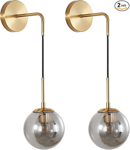 KCO Lighting Modern Glass Globe Wall Sconce Minimalist Gold Wall Mounted Sconce Light with Smoke Grey Lampshade Round Wall Lamp for Bathroom Mirror Bedroom (Smoke Grey-2PC)
