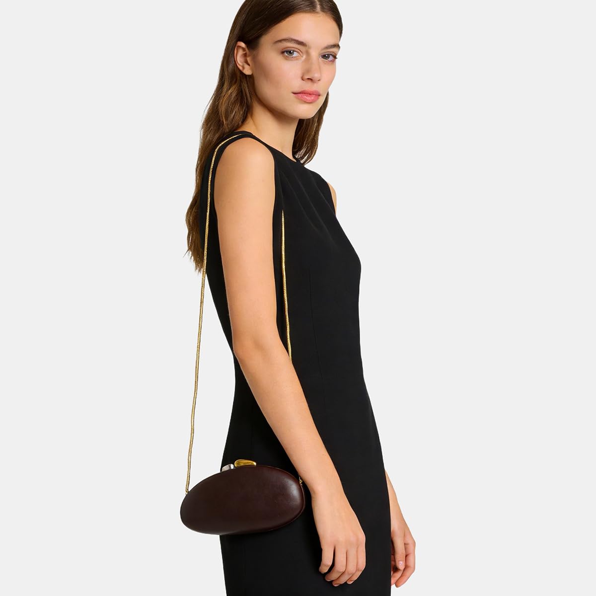 DKQXEIM Women Trendy Faux Leather Shell Evening Bag Metallic Closure Vegan Clutch Chain Strap Crossbody Bag for Casual Party Brown