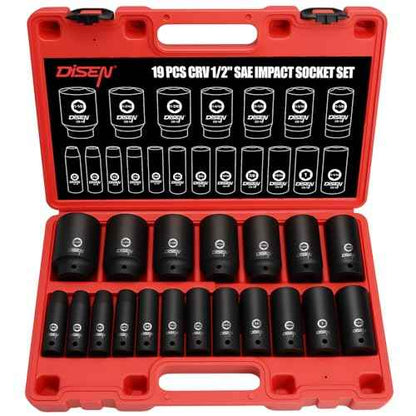 DISEN 19 Pcs 1/2" SAE Impact Socket Set, Deep Sockets 3/8"- 1-1/2", 6-Point Cr-V & Alloy Steel, 1/2 Inches Drive Impact Socket Set,Rugged Construction, Enhanced Storage Case