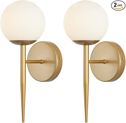 BOKT Mid Century Modern Globe Wall Sconce Set of Two Brushed Brass Bathroom Wall Sconce Light Set of 2 Frosted White Glass Gold Wall Lamp 2-Pack Bedroom Wall Lights (White)