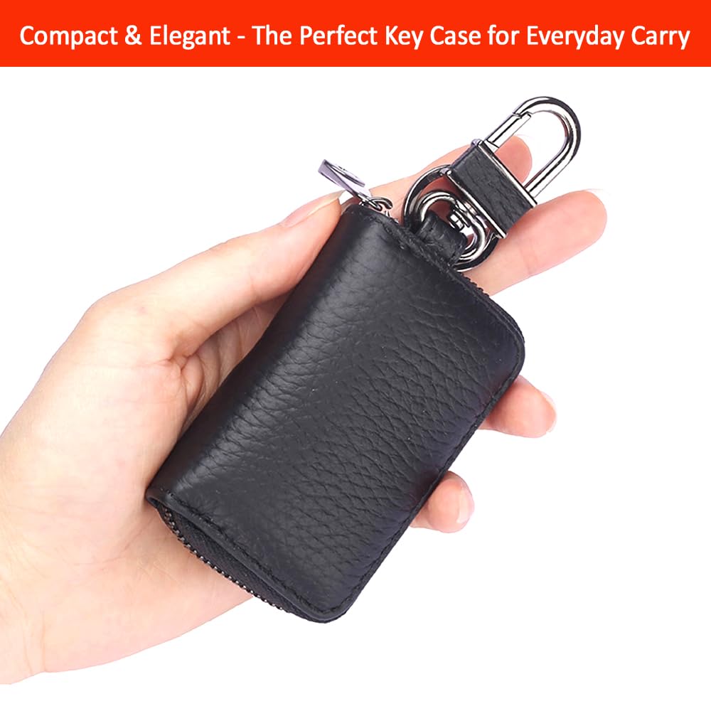Luckybay Leather Car Key Holder, Car Key Case & Key Fob Protector Pouch with Zipper for Smart Keys, Keychain Wallet for Men Women (Black)