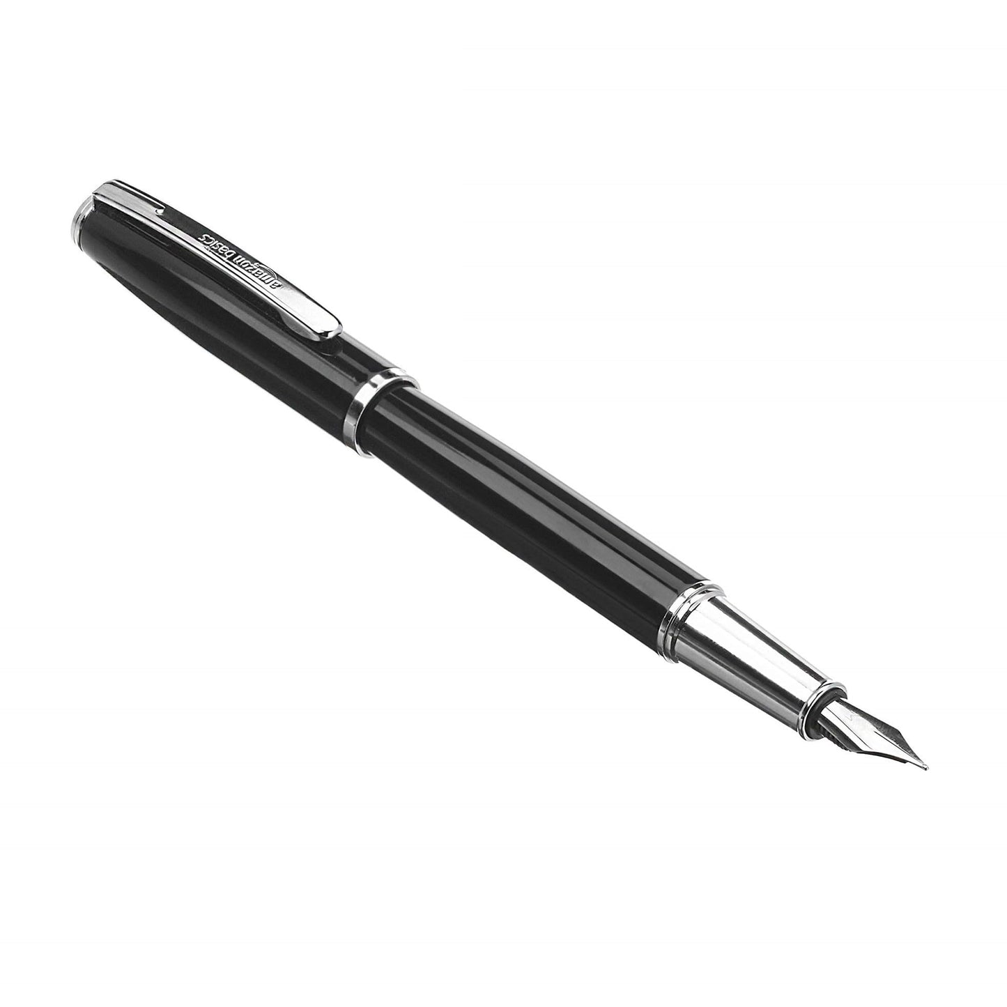 Amazon Basics Refillable Fountain Pen with Smooth Writing, Medium Point, Black Metal Barrel, Black Ink, 2 Replacement Cartridges
