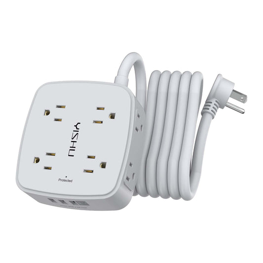 10 Ft Surge Protector Power Strip - 8 Widely Outlets with 4 USB Ports, 3 Side Outlet Extender with 10 Feet Extension Cord, Flat Plug, Wall Mount, Desk USB Charging Station, ETL, Grey