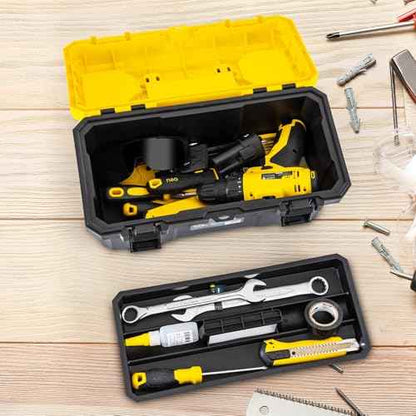 DELI 16-inch Tool Box with Removable Tray, Small Parts Organizer in Lid, Plastic Small Tool Box with Lock Secured and Handle, Black/Yellow