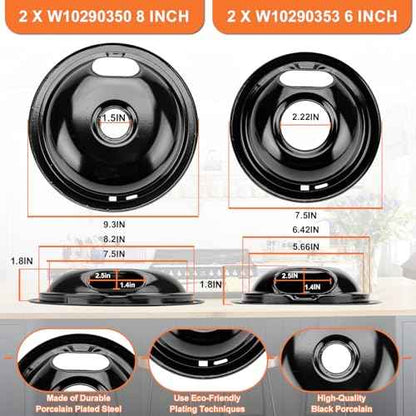 W10290350 W10290353 Porcelain Burner Drip Pans & MP22YA Electric Range Burner Element Unit Set & 330031 Range Burner Receptacle Kit by Cenipar-Compatible with Whirlpool Frigidaire Range Oven/Stove