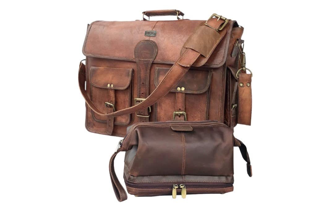 18" Messenger Laptop Briefcase Bag For Men With Vintage Leather Toiletry Dopp Kit