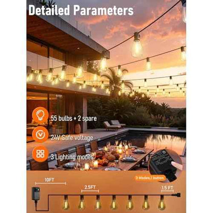 luckystyle 150FT LED Outdoor String Lights with Remote, 55+2 Shatterproof Bulbs Waterproof and Dimmable Patio Lights for Porch, Garden, Backyard, Deck, Balcony, 2700K Hanging Lighting