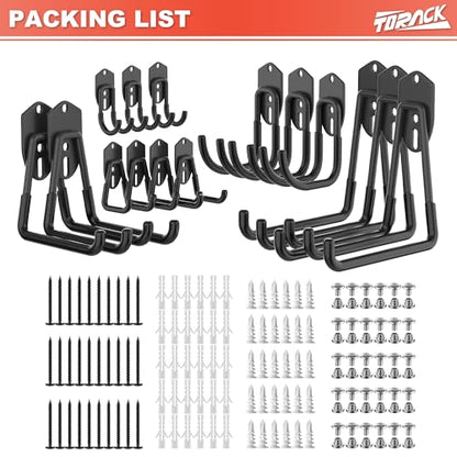 TORACK 15 PCS Garage Storage System Hooks, Shelving Hooks for Keyhole Shelving Units Wall Mount Utility Hooks for Tools, Ladders, Cords, Folding Chairs, Shovels and Rakes(Black)