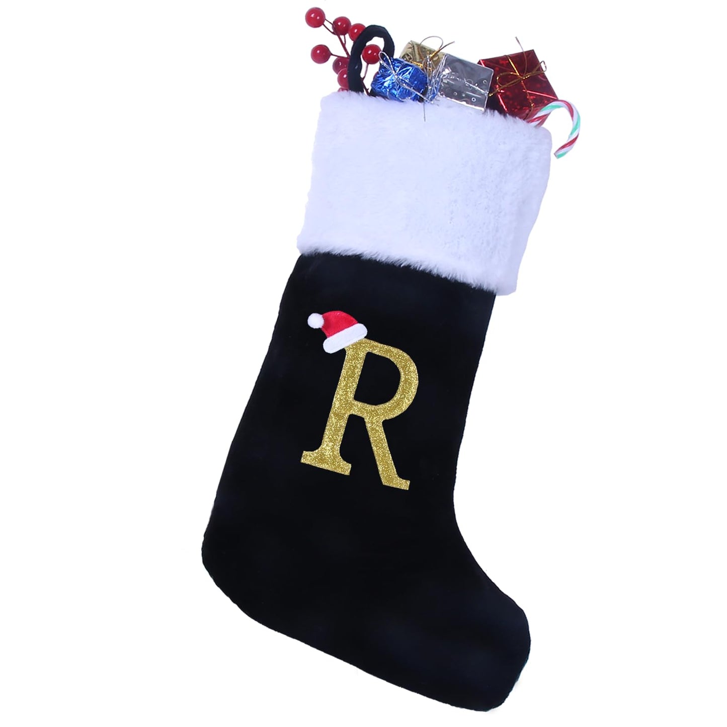 20 Inches Monogram Christmas Stockings with Letters, Large Super Soft Christmas Stockings Black Velvet with White Super Soft Plush Cuff for Xmas Tree Holiday Fireplace Gold Letter R