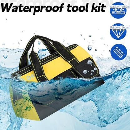 3 Pack 13 Inch Tool Bags for Men, Wide Mouth Tool Tote Bag with Waterproof Base Heavy Duty Tools Storage Bag for Electrician Carpenter Mechanic (Blue, Red, Yellow)