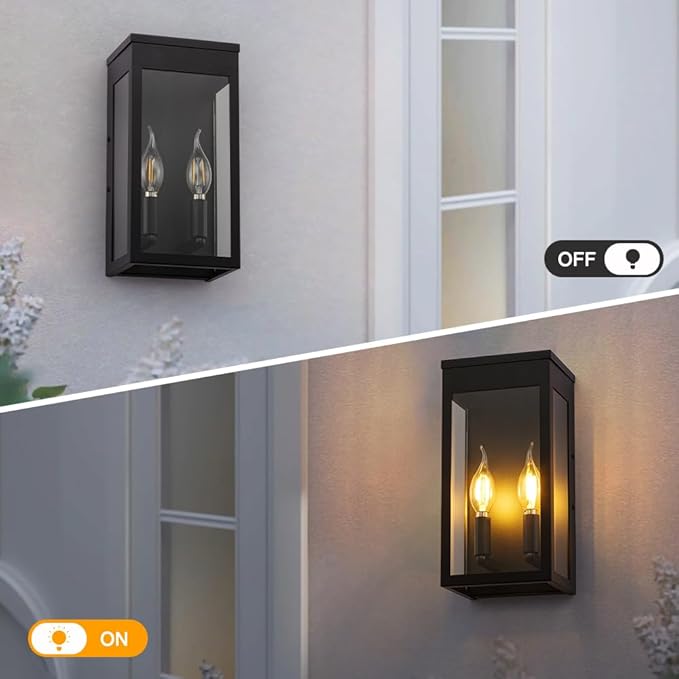 Cerdeco Black Outdoor Wall Light with Clear Glass,Modern Outdoor Wall Sconce with 2*E12 Socket,2 Pack(ETL Listed)