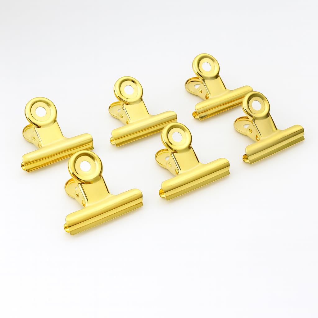 6PCS Bulldog Clip Gold Clips for Paper – Metal Binder Chip Retro Air Tight T Clamp Multi-Purpose for Food Bag Sealing Storage Hanging Invoice Bill, Kitchen Office Use, Heavy Duty Stainless Steel