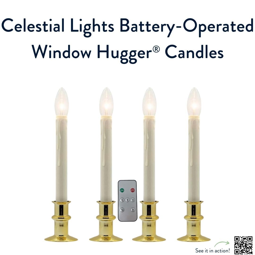 Celestial Lights Set of Four Battery Operated Remote Programmable Window Hugger Candle for Narrow Window Sills Daily Timer Choose 6, 8, or 10 Hours Flicker or Steady (Brass)