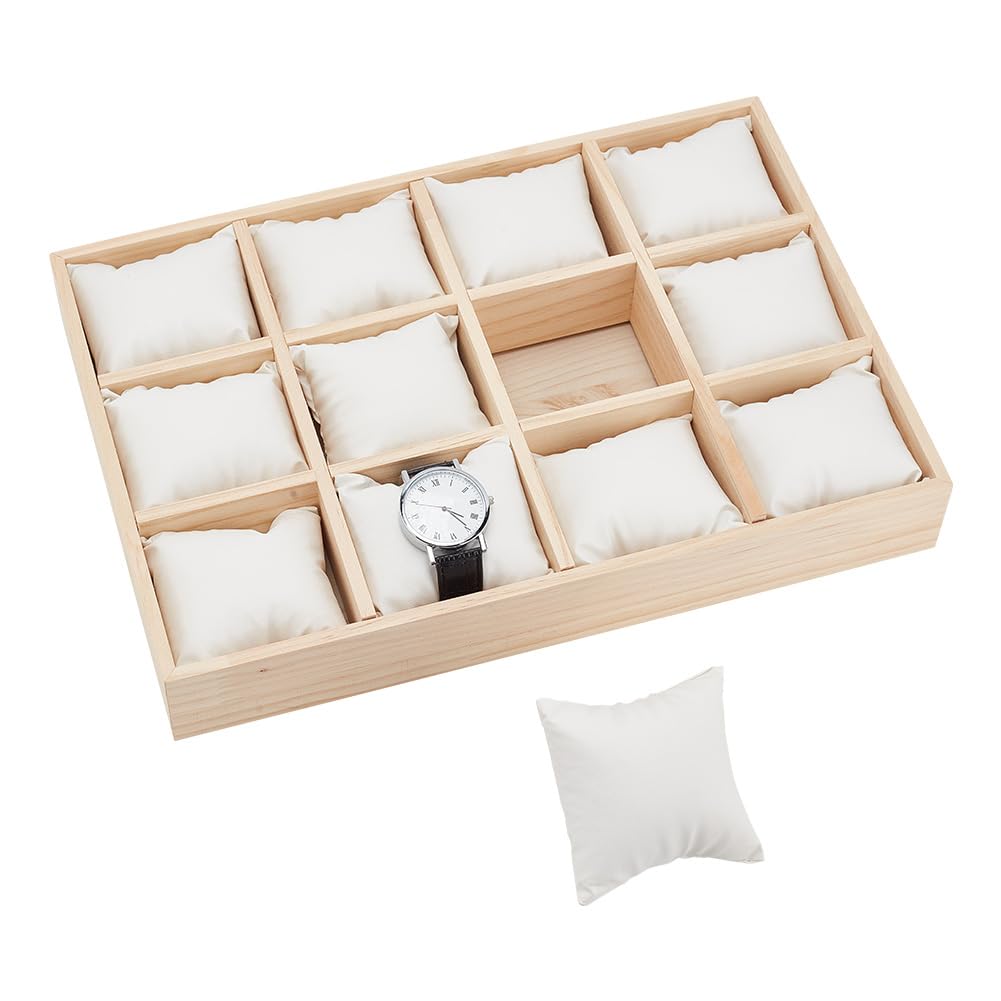 PH PandaHall 12 Slot Wooden Watch Organizer Tray Display Holder with Removable PU Leather Pillows, Stackable Jewelry Bracelet Storage Tray for Drawer Watch Display Showcase, White