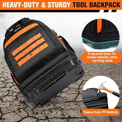 Tool Backpack Heavy Duty for Men Women, 77 Pockets Water-resistant Hvac Tool Bag Backpack Organizer with Waterproof Molded Base, 1680D, Durable Multi-Use Pocket for Electrician Construction