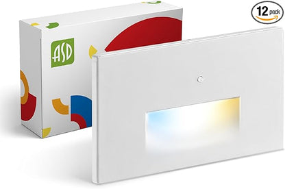 ASD LED Recessed Step Light Fixture, Dusk To Dawn Outdoor Stair Tread Lighting | 3CCT, Photocell, Waterproof, ETL Listed | 3W 120LM 3000K-5000K 120V | Staircase Hardwired Illumination | White, 12 Pack
