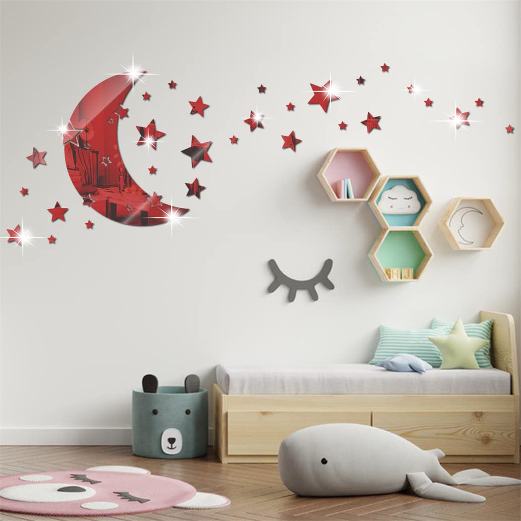 Moon Star Mirror Wall Stickers, 146 PCS Stars & Crescent Moon, 3D Art Decals for Baby Kid Bedroom & Living Room (Red)