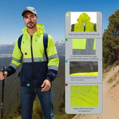 High Visibility Safety Hoodie, Reflective Workwear Sweatshirt, Neon Yellow and Black, Zip-Up