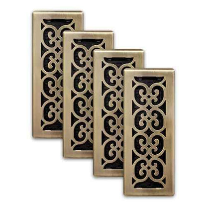 Decor Grates (4-Pack) SPH412-A Scroll Design Floor Register, 4x12 Inches, Antique Brass Finish
