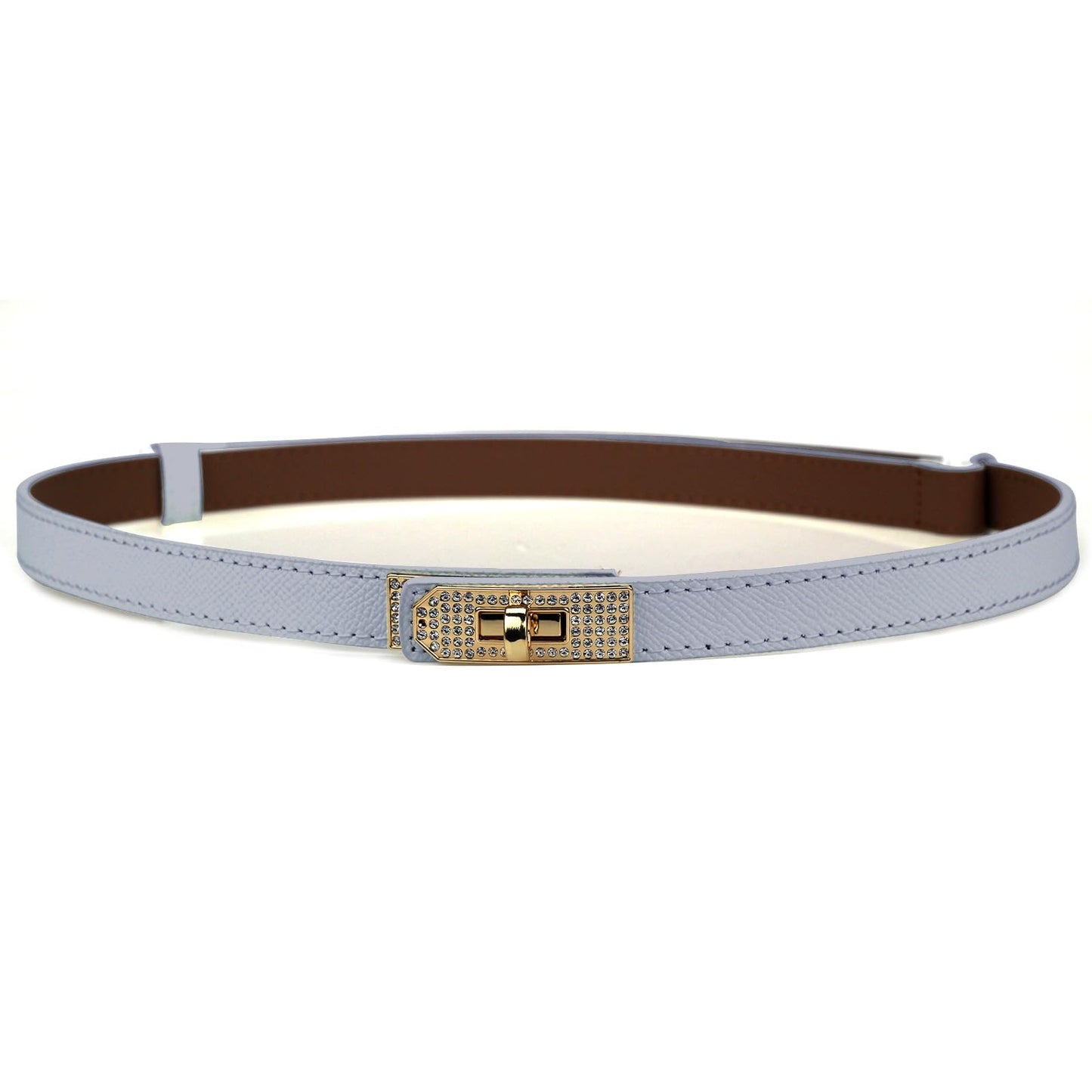 MoYoTo Women’s Stylish Rhinestone Gold Buckle Skinny Leather Belt Turn Lock Thin Waist Belts for Dresses Jeans Coats (Light Grey)