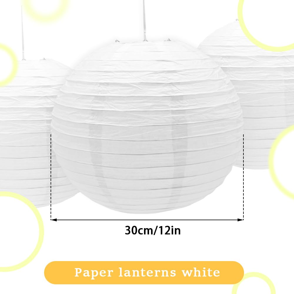 Ruidee 6Pcs Paper Lanterns Decorative Round Hanging Paper Lanterns for Birthday, Wedding, Christmas Xmas, Bridal, Home Decor, Party Decoration（12in/White）