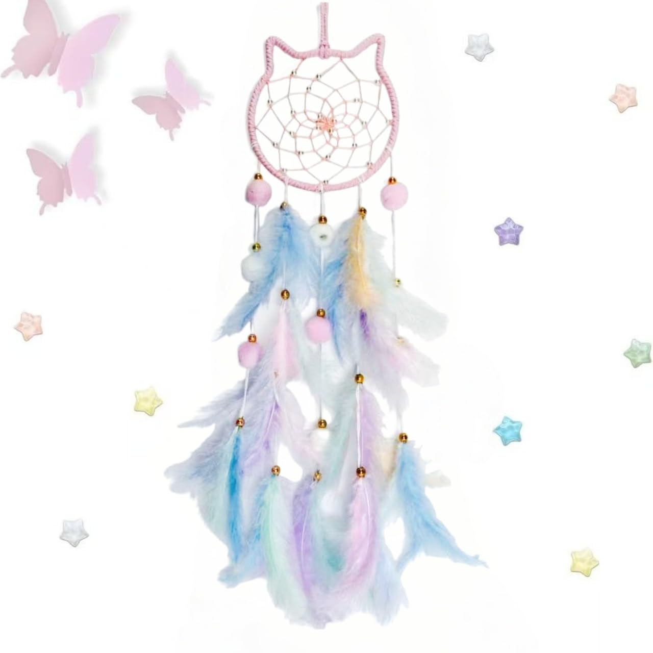 Fun-Plus Pink Dream Catcher Wall Hanging Set - 10 Butterflies & 16 Stars, Boho Room Decor for Girls, Easy Peel & Stick Wall Art for Bedroom, Nursery, Teen Room for Daughter, Birthday, Christmas
