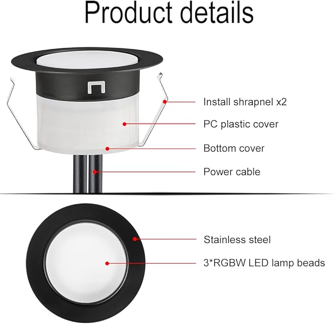 FVTLED Low Voltage Recessed RGBW Deck Light, 20pcs Φ1.22 RGB & Warm White Stainless Steel Waterproof Outdoor Step Lighting In-ground Landscape Pathway Patio Stair Decor Lamp, Black