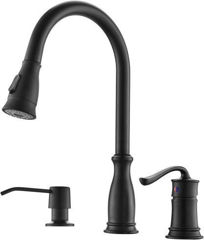 APPASO 3 Hole Kitchen Faucet with Pull Down Sprayer, Kitchen Faucets with Soap Dispenser, 3 Pieces Kitchen Sink Faucet with Separate Handle, Matte Black Kitchen Faucet 3 Hole, 218MB